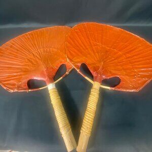 Vintage Uchiwa Japanese Hand Fan Bamboo Handle Brown Wall Decor - Set Of 2